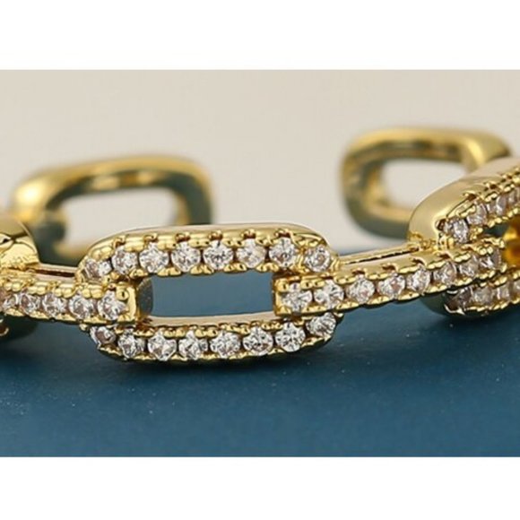 New 18K Gold Plated Diamond Link Chain Resizable Ring 9d - Picture 4 of 5